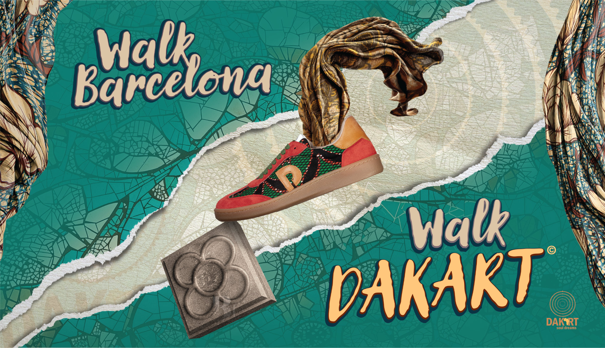 Banner publicitario y gráfico de la campaña 'Walk Barcelona / Walk Dakart' con textura verde, un pañuelo de seda y un característico adoquín barcelonés.