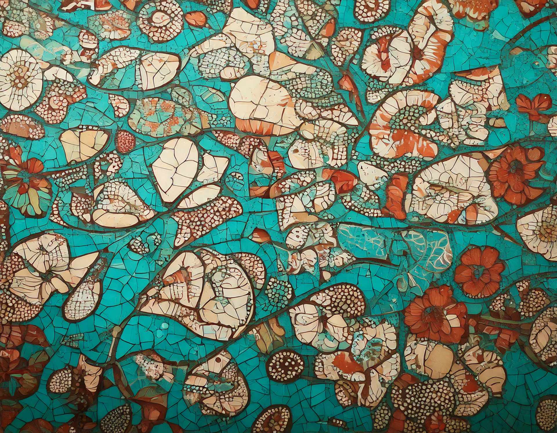 Proyecto Dakart. Bolsa de tienda, propuesta 2-C Fondo texturizado que simula un mosaico de azulejos rotos en tonos turquesa, blanco y terracota con formas florales abstractas.