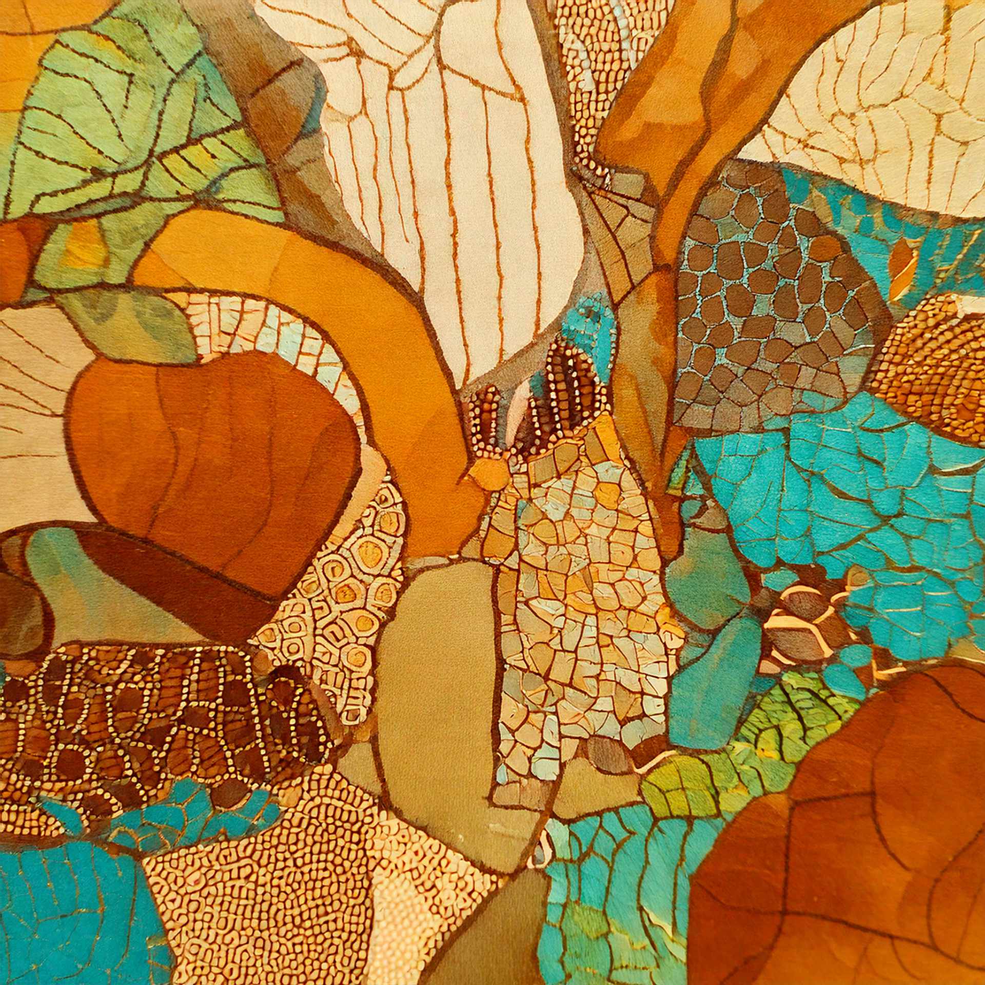 Proyecto Dakart. Trencadís textil cálido 1-C Collage de trozos de tela, de formas orgánicas, en colores contrastantes, produciendo una textura vivaz