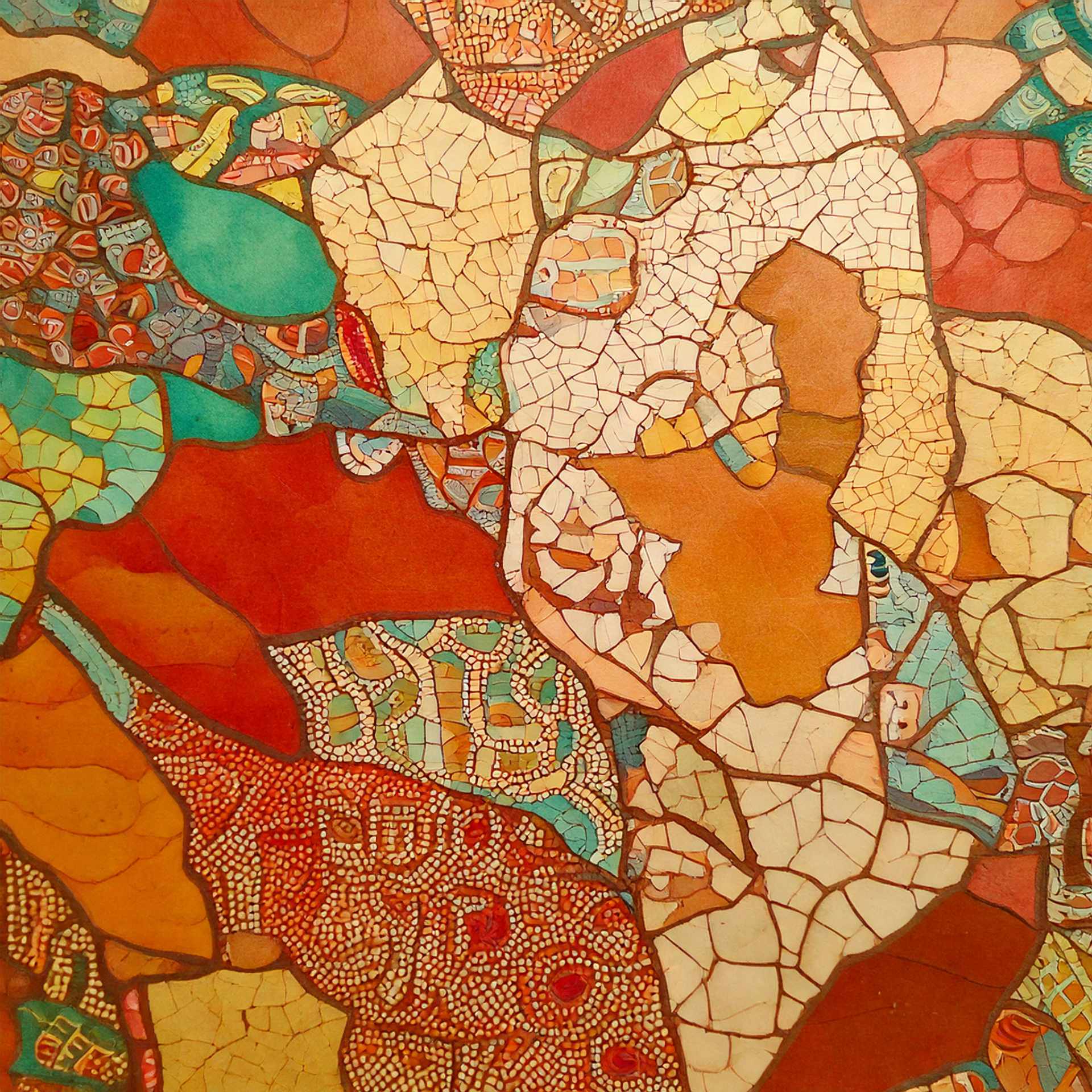 Proyecto Dakart. Trencadís textil cálido 1-A Trozos de tela, en colores de alto contraste, rojo intenso sobre fondo amarillo y acua, recortados en pequeñas pieza que semeja un trencadís