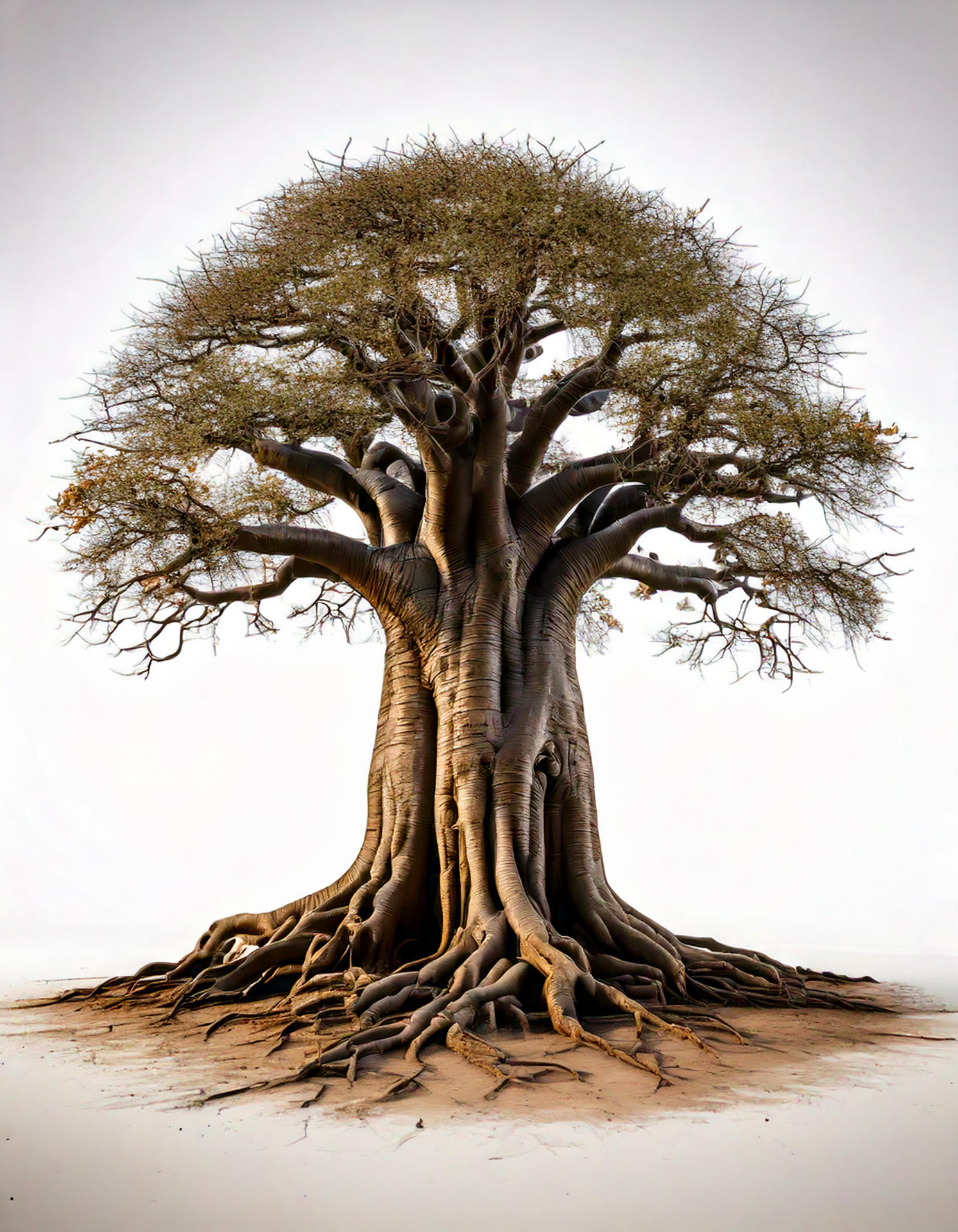 Proyecto Dakart. Raíces. Árbol Baoba, 2026 Un árbol baobab, emblemático de Senegal. Generado con herramientas de IA. Las raíces, expuestas a la vista, son exageradamente grandes.