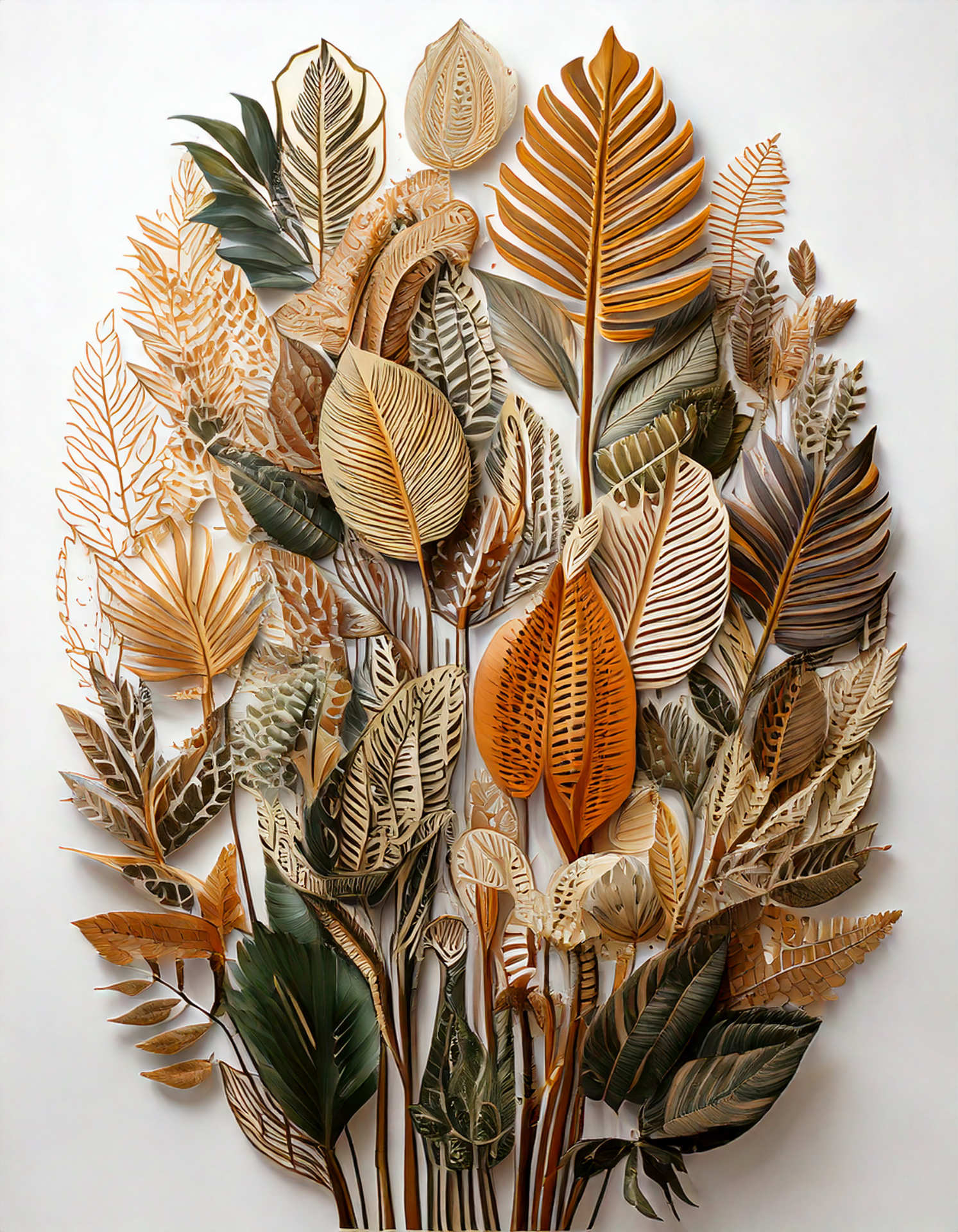 Proyecto Dakart. Bolsa de tienda, propuesta 1-B Plantas africanas dispuestas como la decoración de una tela africana estampada; en colores tierra y fondo blanco.