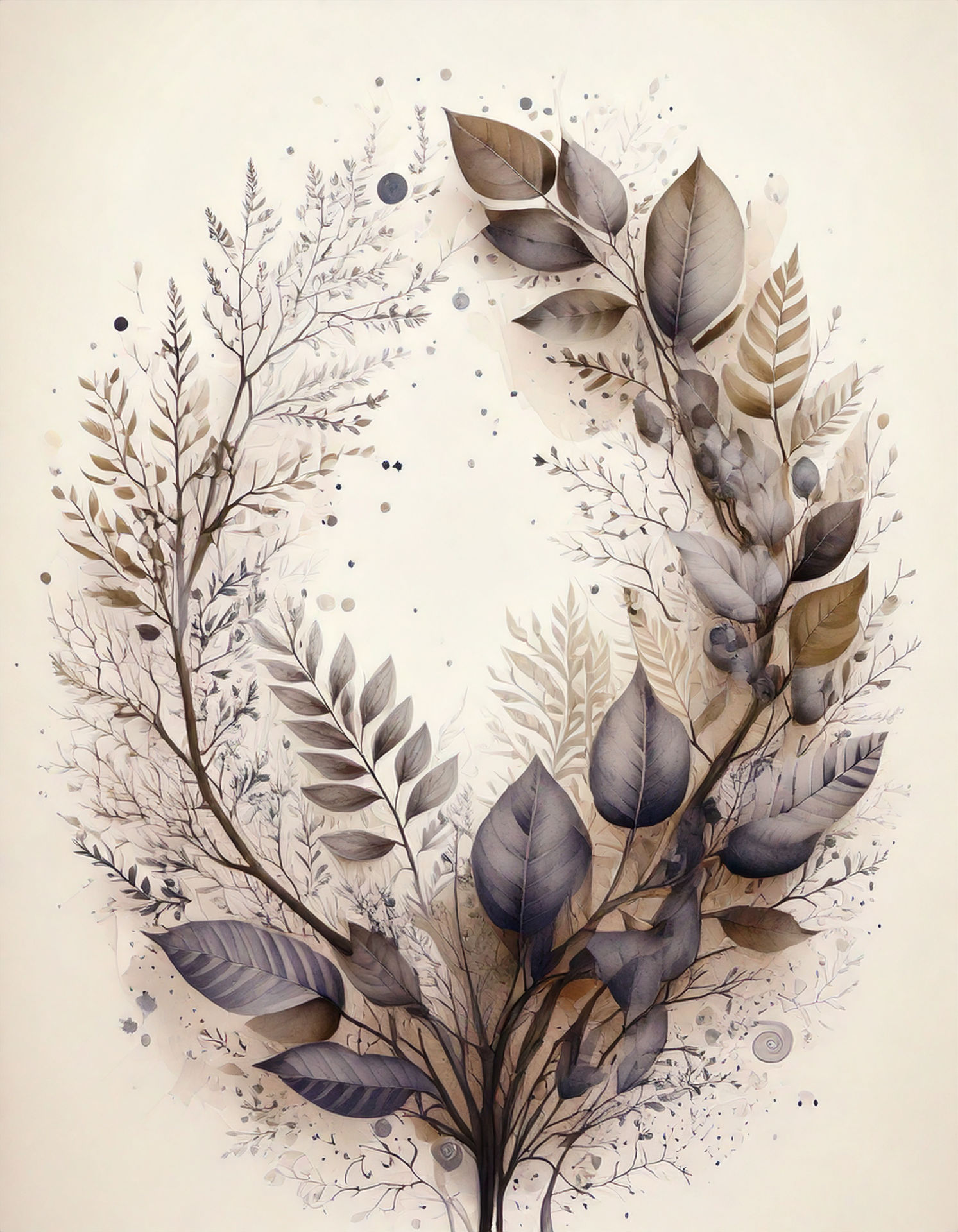 Proyecto Dakart. Bolsa de tienda, propuesta 1-C Una composición de plantas y ramas de inspiración africana dispuestas en composición de collage, hecha con tonos tierra claros de acuarela.