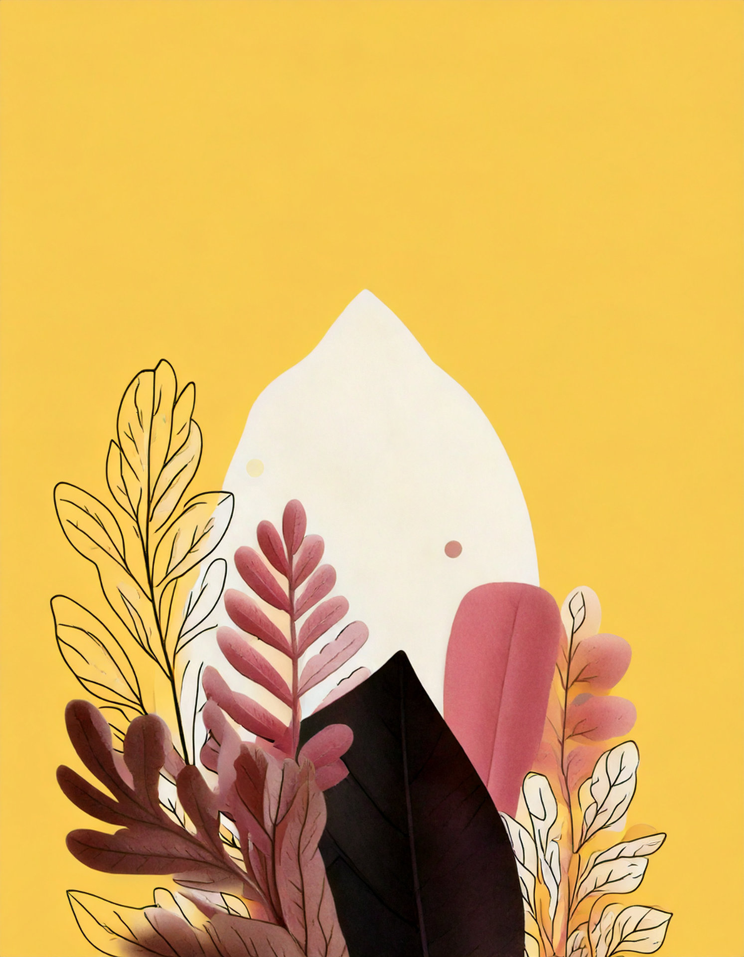 Proyecto Dakart. Bolsa de tienda, propuesta 4-C Composición en acuarela de plantas y ramas de inspiración africana con tonos tierra y rosados sobre un fondo amarillo brillante.