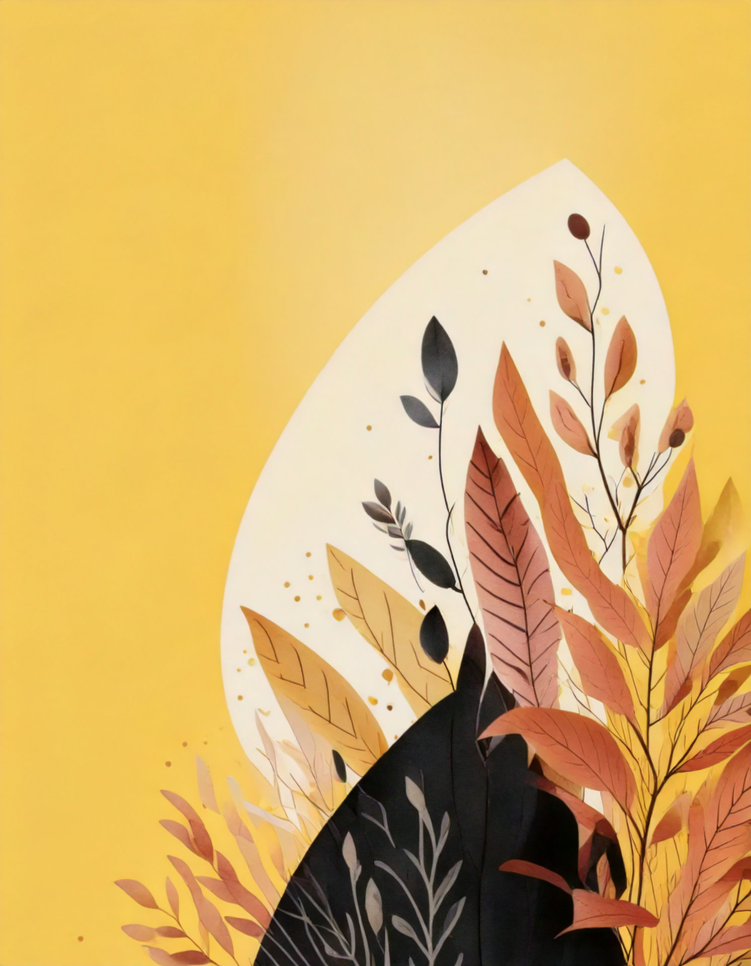 Proyecto Dakart. Bolsa de tienda, propuesta 4-B Ilustración botánica en tonos terracota y amarillos de plantas y ramas dispuestas de forma armónica sobre fondo amarillo.