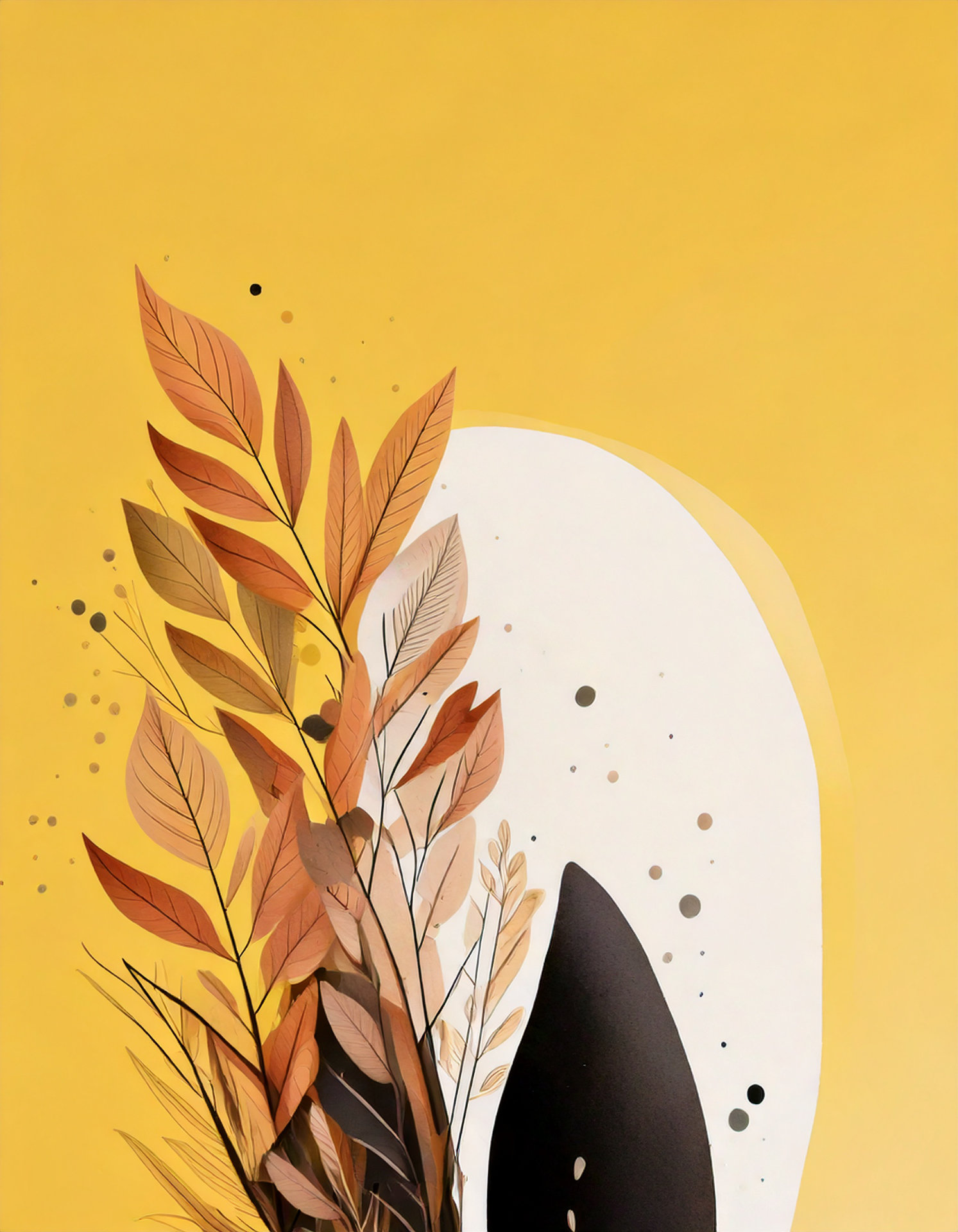 Proyecto Dakart. Bolsa de tienda, propuesta 4-A Composición artística de ramas y hojas secas en tonos otoñales y marrones dispuestas sobre un fondo amarillo y blanco.