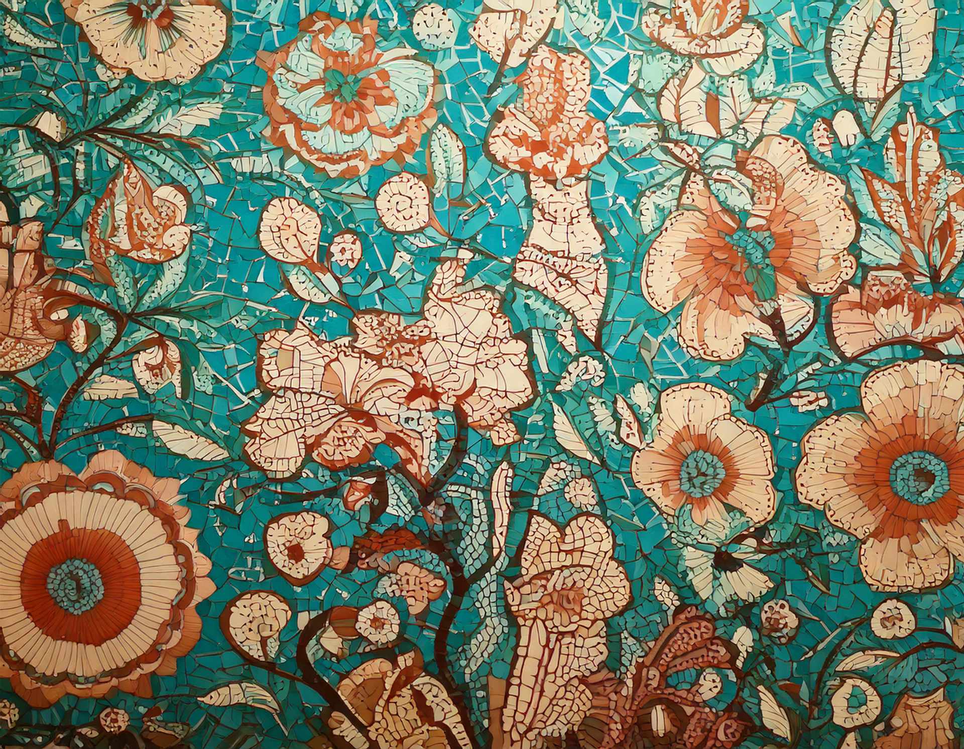 Proyecto Dakart. Bolsa de tienda, propuesta 2-B Composición abstracta de diseño floral estilo mosaico craquelado con flores en tonos beige y coral sobre un fondo turquesa vibrante.