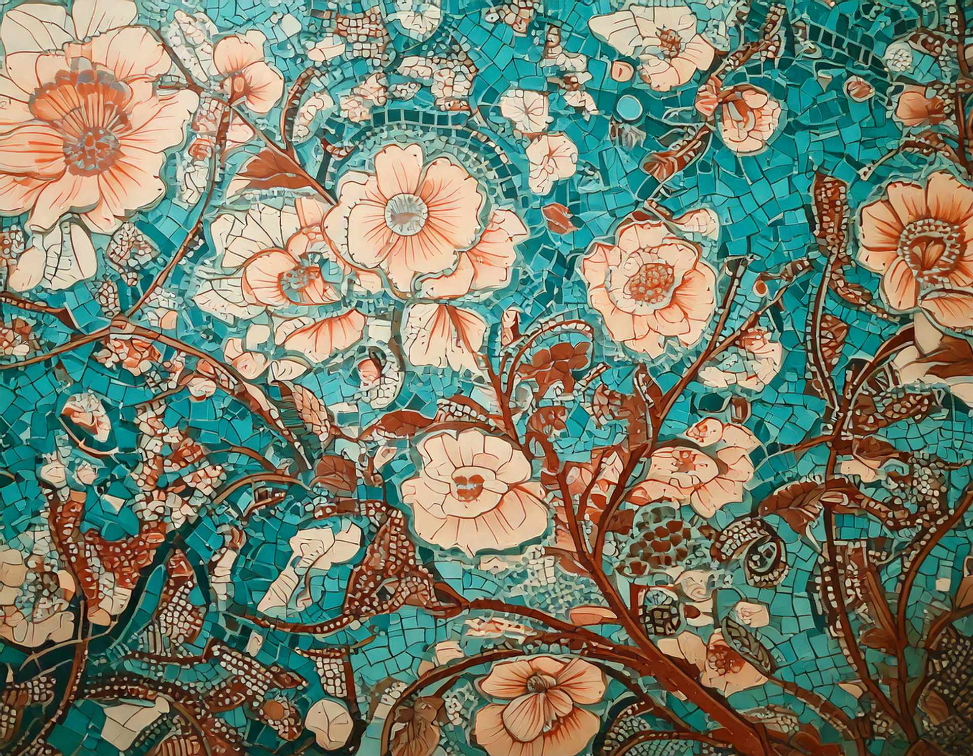 Proyecto Dakart. Bolsa de tienda, propuesta 2-A Patrón decorativo de ramas y flores detalladas al estilo de mosaico cerámico con predominio de colores turquesa, blanco y marrón rojizo.