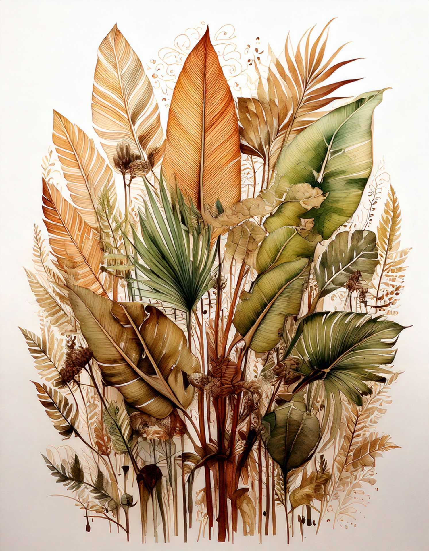 Proyecto Dakart. Bolsa de tienda, propuesta 1-A Composición botánica vertical de hojas y ramas tropicales estilizadas en tonos tierra, beige y verde sobre fondo claro.